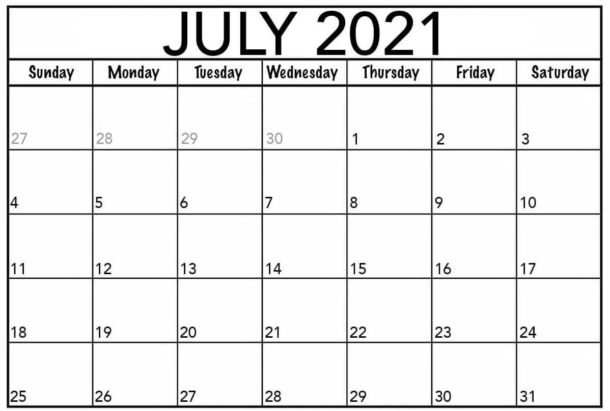 Blank Calendar Template July 2021 Blank Calendar Pdf, Fillable Calendar